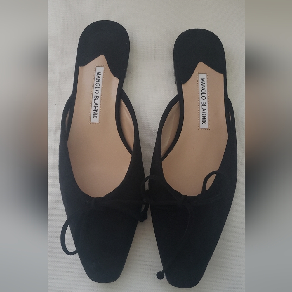 Manolo Blahnik ballerimu suede bow ballerine flat mules
